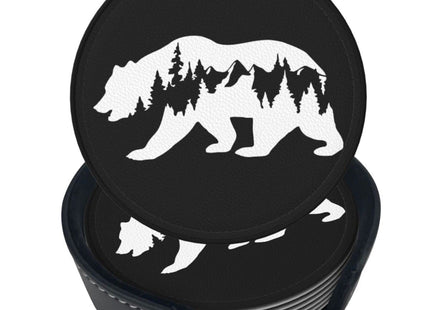 Niukom 6 Pcs Hiking Bear Mountains Camper Leather Coasters for Drinks with Holder Coaster Sets Drink Table Cup Coasters for Living Room Kitchen Coffee Decor