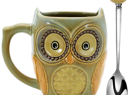 SQOWL 3D Owl Mug, Ceramic Coffee Cup with Spoon, Cyan, 12oz