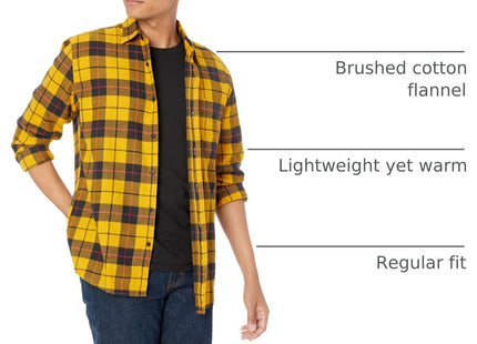 Amazon Essentials Men's Regular Fit Long-Sleeve Flannel Shirt, Soft Brushed Cotton, Lightweight yet Warm, Yellow Plaid, Medium