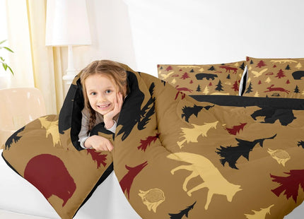 Feelyou Cabin Lodge Bedding Set Soft for Boys Girls, Bear Fox Moose Comforter Set Toddler Size Woodland Wild Animal Duvet Quilt Microfiber Farmhouse Bedroom Decor Brown 2 Pcs with 1 Pillow Cases