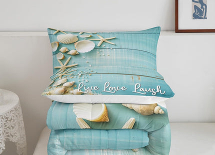 Erosebridal Starfish Seashell Twin Comforter Set,Conch Sea Shell Bedding Comforters & Sets Coastal Animal Duvet Retro Rustic Farmhouse Quilt Comforter Teal Wooden Striped Bedding Kids Boys Girls