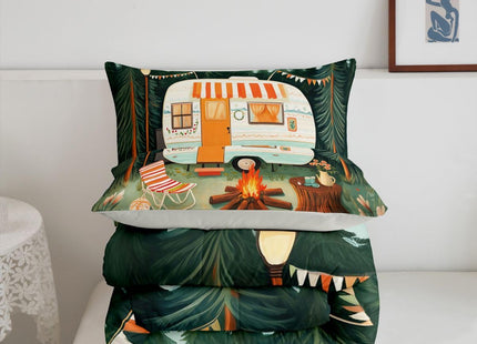 Erosebridal Cute Camper Car Full Comforter Set Rv Camping Bedding Set Woodland Camper Decor Comforter for Kids Boys Girls Floral Campfire Quilt Duvet