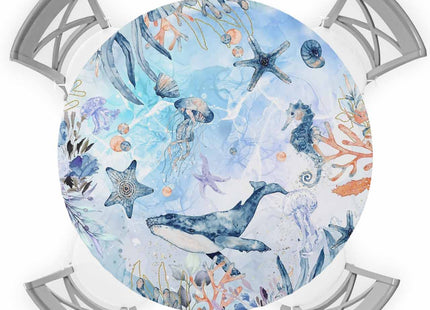 EwdeWwo Whale Elastic Round Tablecloth, Blue Ocean Creature Sea Horse Starfish Watercolor Style Fitted Tablecloths for Round Table Oil-Proof Waterproof Table Cloth (Fit for 36" - 44" Round Tables)
