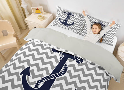 Nautical Anchor Duvet Cover Twin Size,Geometric Gray Stripe Bedding Set 2pcs for Kids Teens Adults Room Decor,Ocean Adventure Themed Comforter Cover Modern Abstract Quilt Cover,1 Pillowcase