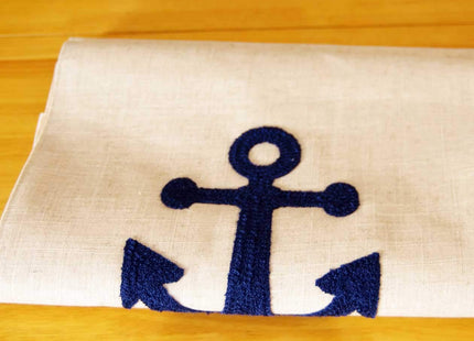 DECOPOW Embroidered Anchor Linen Table Runner ,14 Inches x 72 Inches (Navy Stripe)