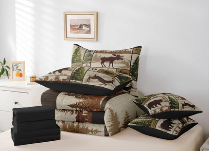 Erosebridal Rustic Bear Deer Cabin Bedding Set Queen Size,Kids Boys Western Country Farmhouse Comforter Set with Sheets 7 Pieces Camo Forest Lodge Bed in a Bag,Wildlife Animal Patchwork Bed Sets