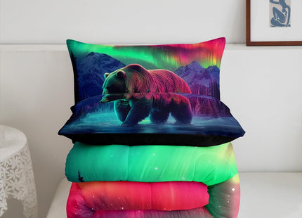 Erosebridal Aurora Bear Toddler Bedding Set,Mountain Snow Scene Comforter Set for Kids,Northern Lights Quilt Bed Set Cabin Pine Tree Bed Comforter Sets with 1 Pillowcase Room Decor