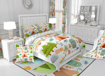 Cute Camper Car Comforter Set Full, Happy Camping Bedding Sets for Kids Girls Boys, Woodland Bear Hunting Theme Quilt Set, Camper Accessories Bedding, Travel Trailers Rv Decoration Down Comforter