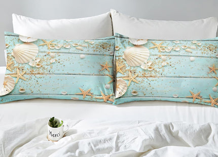 Homewish Seashell Starfish Duvet Cover Set Twin Size,Wood Stripes Bedding Set 2pcs for Kids Teens Girls Boys Room Decor, Beach Hawaiian Style Comforter Cover Summer Teal Quilt Cover with 1 Pillowcase