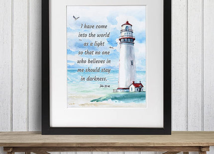 Nautical Seaside Lighthouse Christian Wall Art - Religious Scripture Bible Verse Gift - Ocean Home Decoration, Bathroom Wall Decor - Print for Beach House, Restroom, Living Room, Bedroom - Blue 8x10