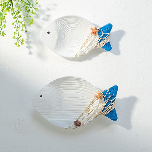OECECR 2Pcs Wood Fish Nautical Beach Wall Decor, Wooden Hanging Coastal Wall Art Decor for Home, Lake House, Ocean Bathroom Decor - White