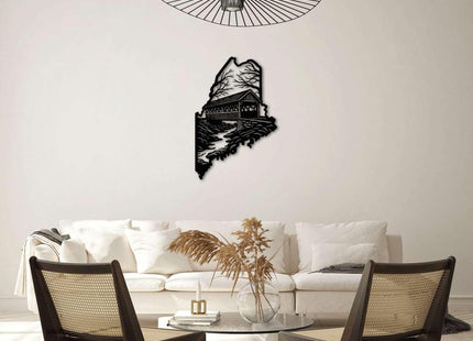 Maine Covered Bridge State Map Metal Wall Art Decor Outdoor Decor Metal Signs Rustic Farmhouse Wall Decoration Stunning Exquisite Piece for Living Room and Office Wall Art (Black,20inch)