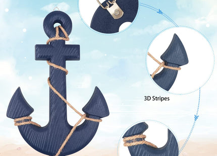 Meching 2 Pack 11" Nautical Beach Wooden Ship Wheel and 13" Wooden Anchor with Rope Nautical Boat Steering Wheel Rudder Anchor Wall Art Decor Door Hanging Ornament Beach Theme Home Decoration(Blue)