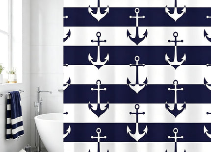 DLRIUAZEP Nautical Anchor Shower Curtain, Navy Blue and White Striped, Bathroom Decor Waterproof Fabric Shower Curtains Sets with 12 Hooks 72x72 Inch