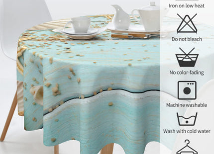 Giwawa Seashell Round Tablecloth, Summer Ocean Starfish on Blue Wooden Board Print, Coastal Beach Sand Circular Table Cover 60 Inch for Dining Kitchen Outdoor Parties Decor, Wrinkle Resistant Washable