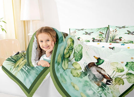 Feelyou Cute Mallard Duck Bedding Set Soft for Boys Girls, Wild Duck Hunting Comforter Set Twin Size Hunting and Fishing Duvet Quilt 3D Wild Animal Bedroom Decor Bright Green 2 Pcs with 1 Pillow Cases
