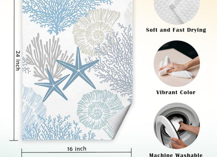JINYO Beach Kitchen Towels Set of 2, Blue Seashell Coral Starfish Coastal Beach Ocean Hand Towels for Bathroom Kitchen Decor, Summer Nautical Decorative Dish Tea Towels