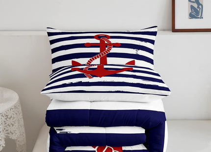 Geometric Stripes Comforter Set Twin Size,Nautical Anchor Bedding Sets 2Pcs Kids Boys Bedroom Decor 1 Pillowcase Ocean Adventure Theme Quilted Duvet Modern Navy Blue Red Bedspread Comforter
