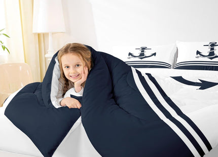 Castle Fairy Nautical Anchor Comforter Set King Size,Ocean Themed Anchor Print Bedding Set All Season Quilt Set,Stripes Geometric Navy White Microfiber Polyester Down Comforter