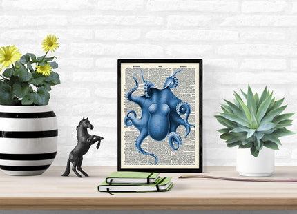 Blue Octopus Wall Art Print - 8x10 Vintage Dictionary Page, Unframed