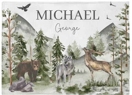 PUTALENG Personalized Baby Boy Blankets Woodland,Woodland Name Blanket, Custom Boy Safari Blankets, Deer & Bear Name Throw, Forest Nursery, Birthday Gift
