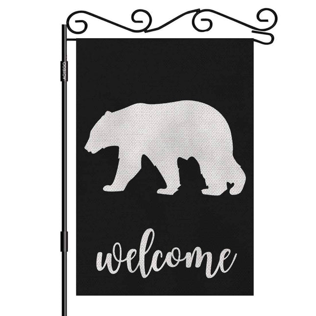 AOYEGO Bear Welcome Garden Yard Flag 12.5"x 18" Double Sided Polyester Black Background Bear House Flag Banners for Patio Lawn Outdoor Home Decor