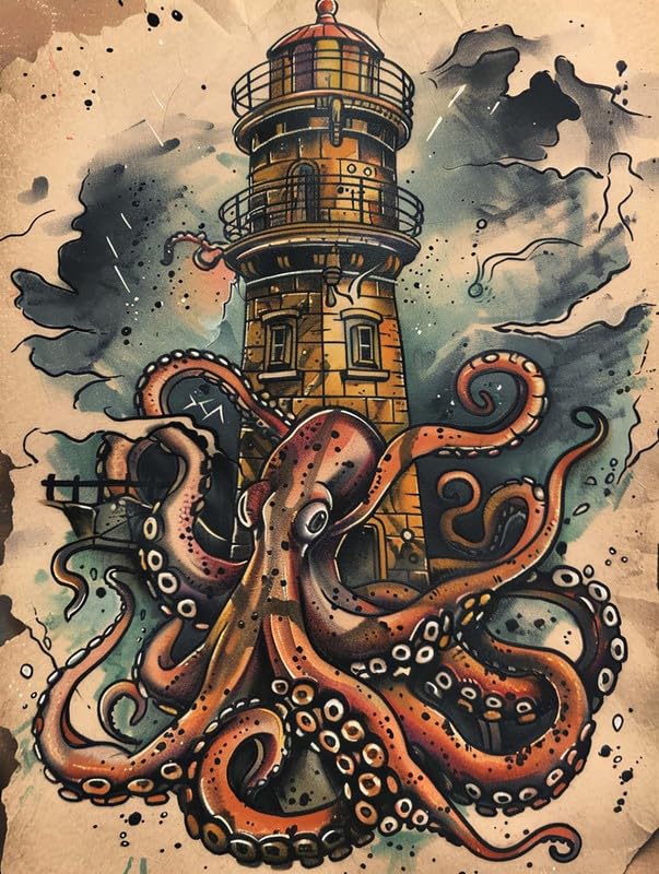 Yomiie 5D Diamond Art Kits for Adults, Octopus Diamond Painting Art Lighthouse DIY Full Round Drill Kits, Embroidery Rhinestone Diamond Crystal Craft Canvas Home Wall Decor 12x16 inch