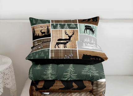 Retro Cabin Comforter Set 3Pcs, Pine Tree Buffalo Plaid Quilt Bear Deer Elk Bedding, Forest Wildlife Woodland Animals Duvet Insert Hunting Lodge Country Rustic Farmhouse Bedroom Decor, Full Size