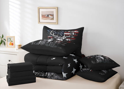 Erosebridal Antlers Hunting Twin 7 Pcs Bedding Set for Boys, Retro Moose Deer Comforter Set with Sheets American Flag Bed in A Bag for Men Adults Bedroom, Rustic Farmhouse Western Wildlife Bed Sets