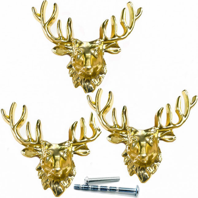 YOUYOUULU 3Pcs Antique-Golden-Deer-Cabinet-Knobs, Gold-Vintage-Animal-Drawer-Pulls, Elk-Cupboard-Knob, Cute-Retro-Furnitures-Decor-Pulls (Golden Deer)