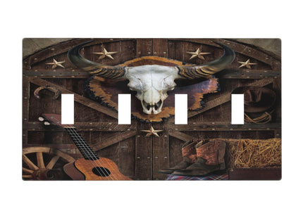 Spshian Western Wood Plank Rustic Barn Door Quad Toggle Farmhouse Light Switch Covers 4 Gang Wall Plate Decorative Switchplate Electrical Faceplate for Cabin Bathroom Bedroom Decor