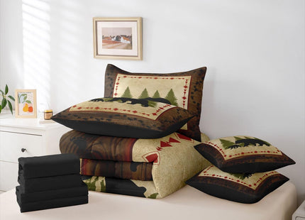 Erosebridal Bear 7 Piece Comforter Set Queen Bed in A Bag Rustic Farmhouse Wildlife Comforter Wild Animals Bedding Set Country Cabin Lodge Decor Nature Woodland Bear Paw Print Sheet Set Brown Green