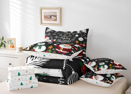 Erosebridal Christmas Twin 7 Piece Comforter Set Snowman Santa Claus Bedding Set Xmas Pine Tree Leaves Snowflake Bed in A Bag with Sheets for Kids Adults Winter Holiday Happy New Year Bed Set