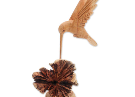 NOVICA Artisan Handmade Wood Sculpture Jempinis Hummingbird from Bali Brown Indonesia Sustainable Animal Themed Eco Friendly 'Feasting Hummingbird'