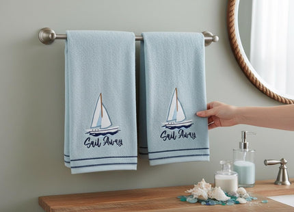 Coastal Guest Hand Bathroom Towels, Light Blue Sail Away Sailboat, 16x25"