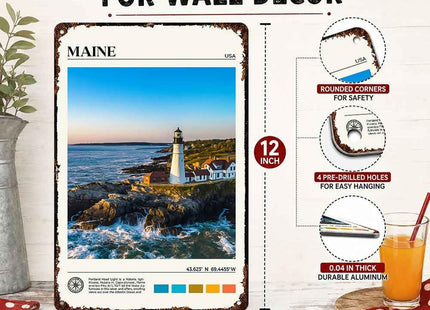 Maine Lighthouse Coastal Landscape Travel Aluminum Metal Sign 8 x 12 Inch