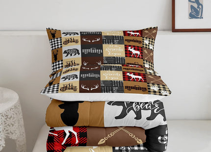 Erosebridal Rustic Farmhouse Duvet Insert, Moose Deer Patchwork Comforter Set for Kids Boys Teens Adult Women Bedroom, Checkered Tractor Bedding Antler Woodland Wildlife Bedding Comforter Sets, King