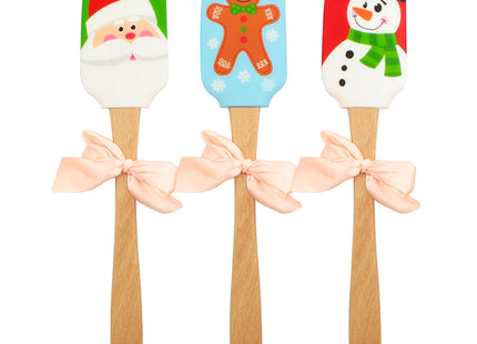 Silicone Spatula, Caliamary 3 Pieces Kitchen Silicone Spatula Set, Christmas Cake Decorating Spatula with Wooden Handle, Snowman Gingerbread Man and Santa Claus Pattern (Snowman)