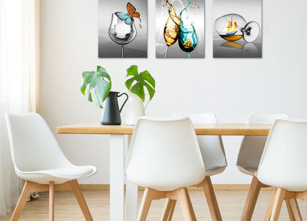LyerArtork 3 Pieces Kitchen Canvas Wall Art Wine Glass with Butterfly Sailboat Picture Print on Gray Background Painting Modern Restaurant Dining Room Artwork Wall Decor Framed 12x16inchx3pcs