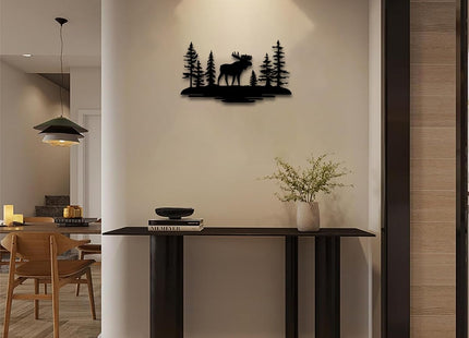 Moose Forest Landscape Metal Wall Art Metal Outdoor Decor Metal Signs Rustic Farmhouse Wall Art Decor Exquisite Home Decoration for Living Room Bedroom Cabin Lodge (Black,32inch)
