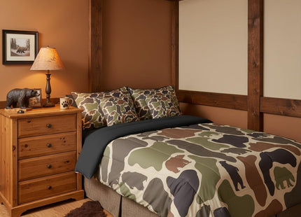 Erosebridal Bear Camo Bed in A Bag 7 Pcs Camouflage Hunting Bear Comforter Set for Kids Boys Girls Rustic Camo Army Wildlife Bedding Sets Twin Green Military Woodland Animals Sheet Set with Comforter