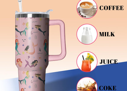 40oz Mermaid Tumbler with Handle and Straw, Animal Lovers Gifts for Women, Stainless Steel Travel Mug Water Bottle, Vacuum Insulated Cup with Lid