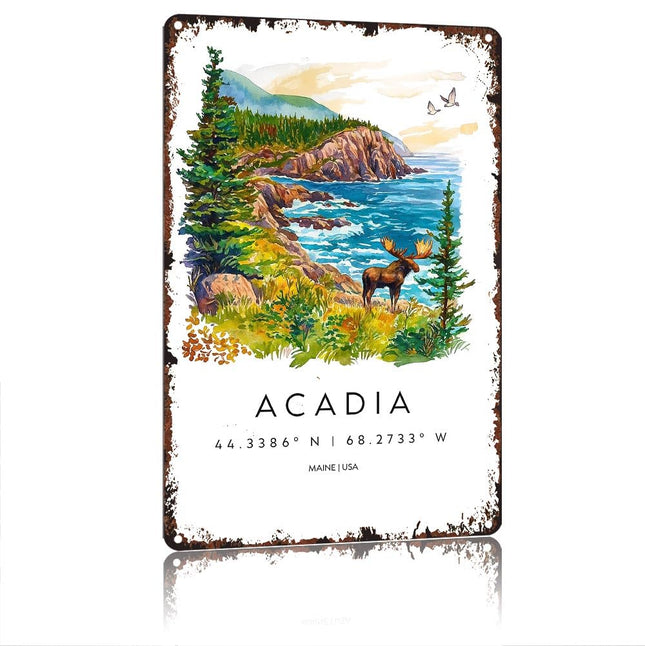 Vintage Aluminum Acadia National Park Sign, 12x8 Inch Retro Maine USA Coast Landscape Decorative Wall Plaque, Rustic Metal Wall Art for Home Cabin Bar Outdoor Decor
