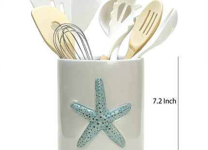 Bicuzat Ceramic Starfish Embossed Utensil Holder, Large Cooking Utensil Crocks for Countertop, Ocean Style Utensil Organizer for Spatula