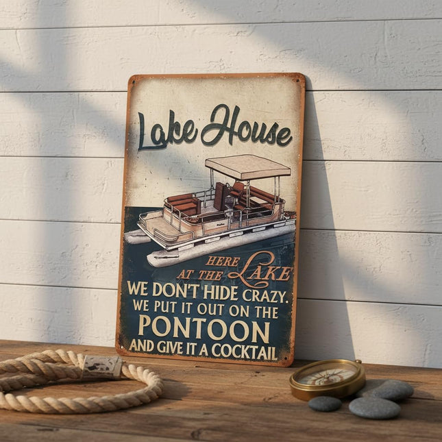 Funny Lake House Metal Sign Wall Art, Vintage Coffee Tin Sign for Kitchen Decor, Lake House Decor for Cabin or Cottage, Rustic Lake Life Decor, Lake House Gifts, 8x12 Inch
