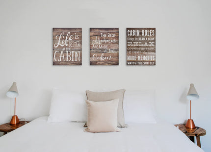 Cabin Rules Life Is Better At The Cabin Canvas Wall Art Prints Artwork Signs Framed for Porch Wall Decor, 11 X 14 inch Set Of 3, Housewarming Gift, Lake Cabin Decor