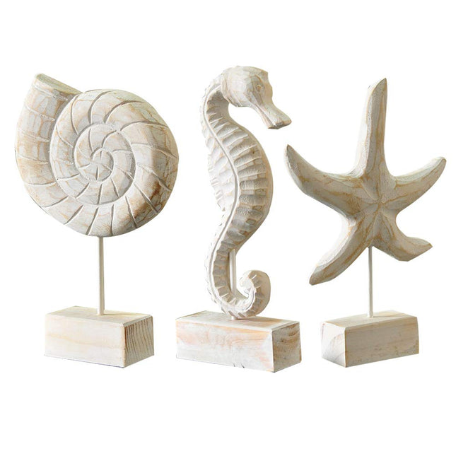 Exttlliy 3pcs Wood Starfish/Conch/Seahorse Statue Beach Ocean Coastal Decor