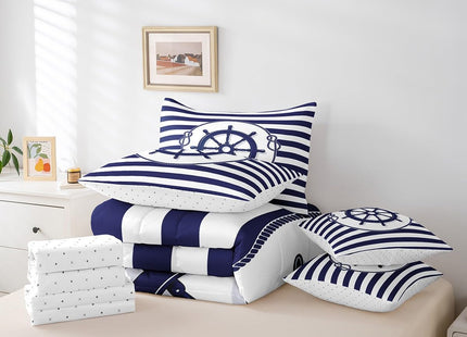 Erosebridal Steering Wheel Compass Comforter Set 7 Piece Bed in a Bag Twin,Blue White Stripes Bedding Sets Nautical Rope Knot Sheet Set with Comforter