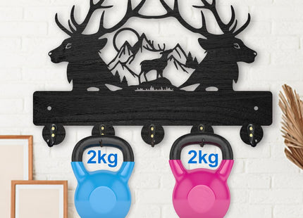 MAYJOYDIY Deer Mountain Forest Coat Hooks Wall Mounted 11.8×7.9inch Black Wooden Deer Key Holder for Wall 5 Alloy Hooks Wall Art Decor Deer Hangers for Towel Key Kitchen Bedroom Entryway Gifts