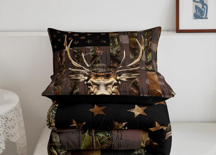 Deer Comforter Sets Full for Boys Kids Teen Men,American Flag Camo Bedding Sets Hunting Comforter Set Woodland Moose Wildlife forest Bed Set, With 1 Western Comforter 2 Country Pillowcases,Black Brown